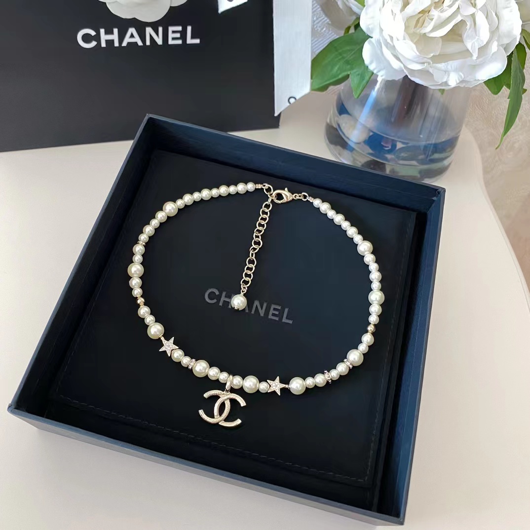 Chanel Star Double C Pendant Pearl Necklace - Image 3