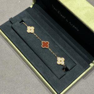 VCA Red Carnelian and Gold Vintage Alhambra Bracelet 5 Motifs
