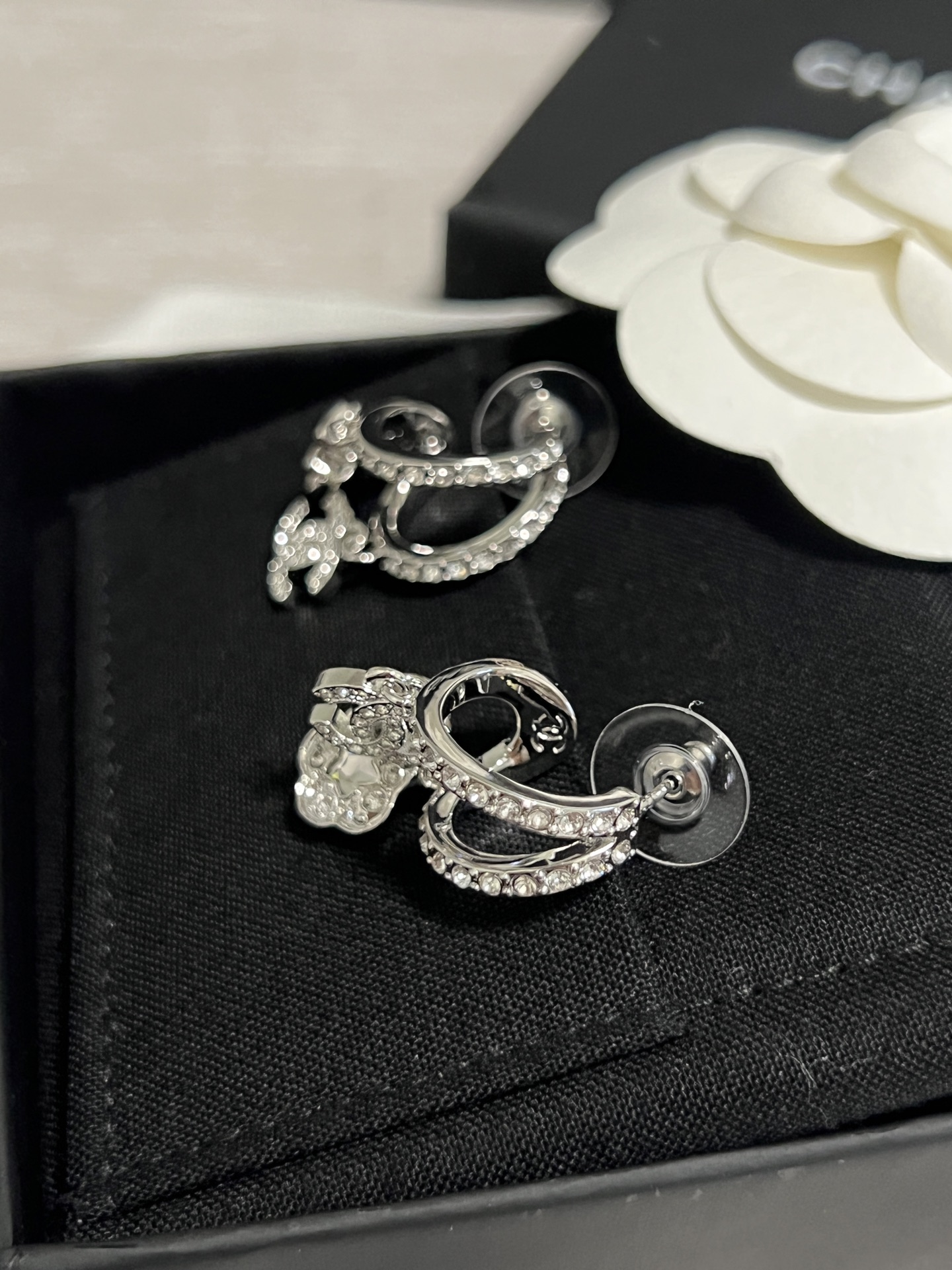Chanel Asymmetric Silver Earrings with Rhinestone Perfume Bottle Camellia CC Dangle - Image 6
