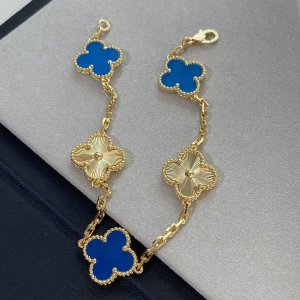 VCA Blue Agate and Gold Guilloche Clover Vintage Alhambra Bracelet 5 Motifs