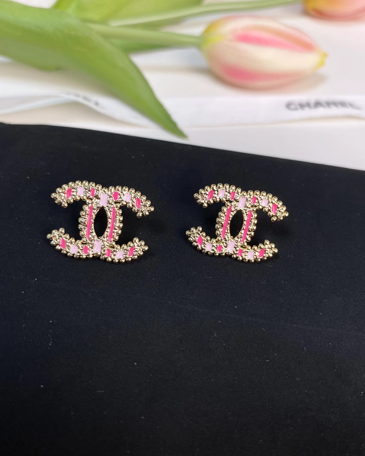 Chanel Enamel Pink Double C Earrings - Image 2