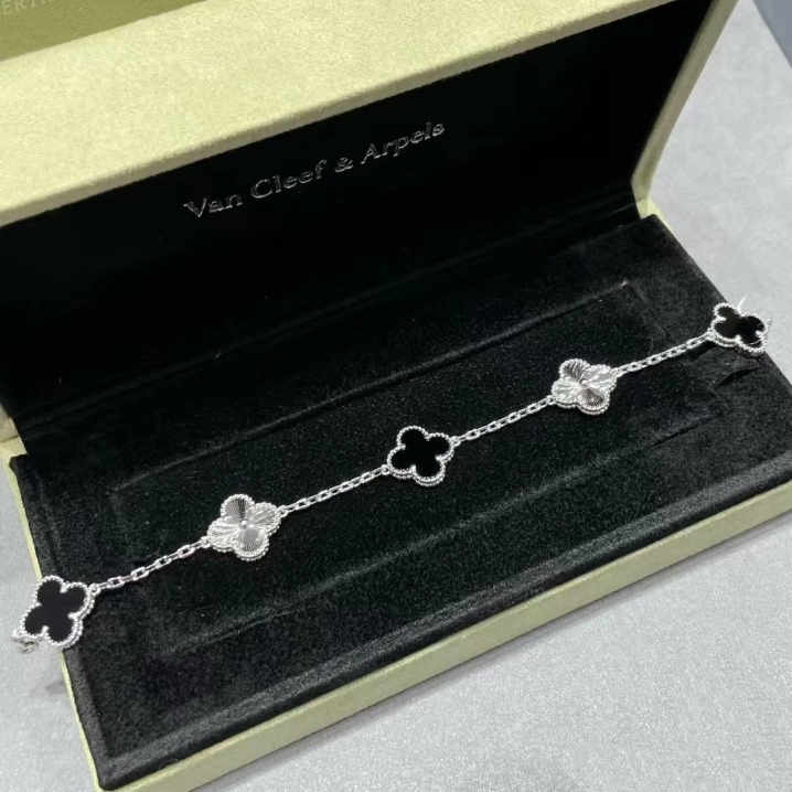 VCA Black Onyx & Silver Vintage Alhambra Bracelet, 5 Motifs