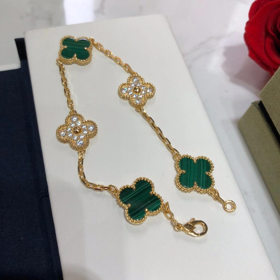 VCA Diamond and Malachite Vintage Alhambra Bracelet in Gol-tone, 5 Motifs - Image 5