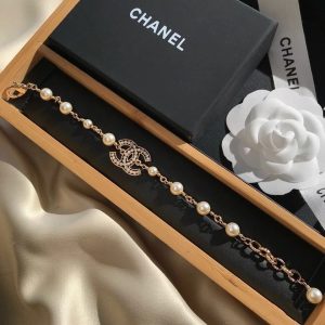 Chanel Hollow CC Diamond Paved Pearl Chain Bracelet