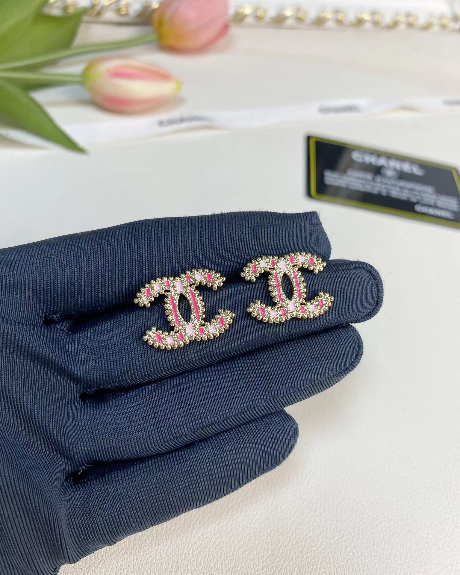 Chanel Enamel Pink Double C Earrings - Image 4