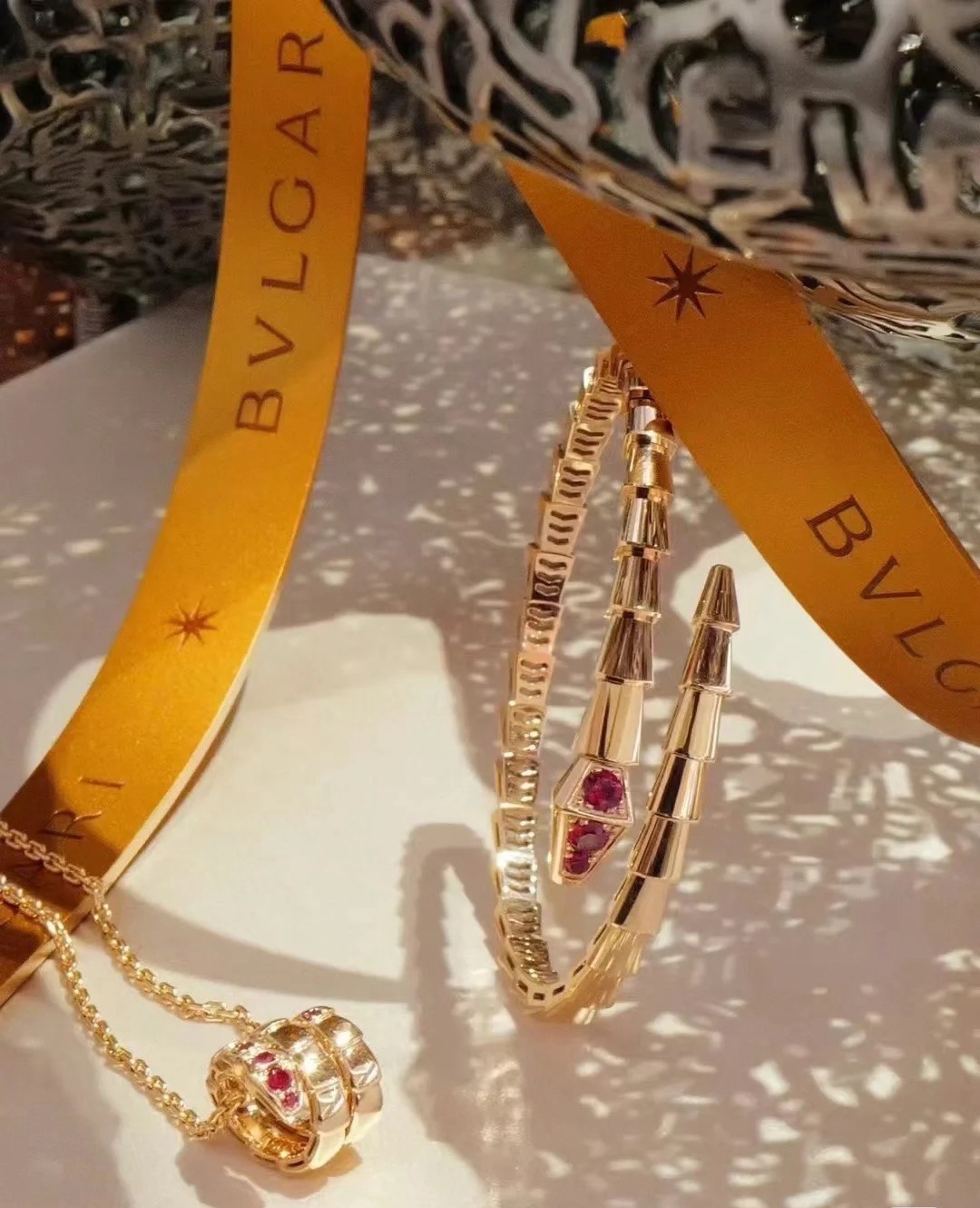 Bvlgari Rose Gold and Red Gem Serpenti Viper Bangle Bracelet - Image 6