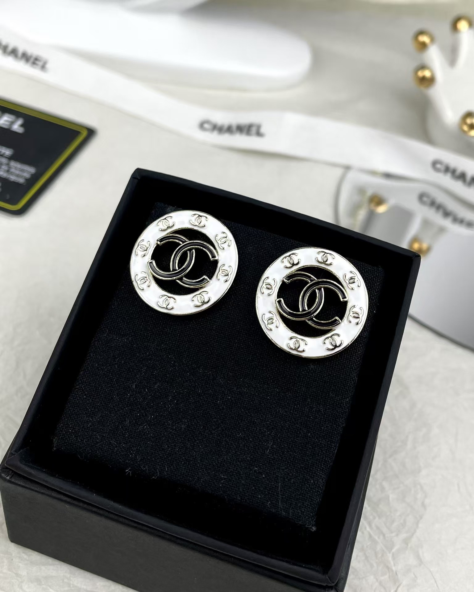 Chanel Round White and Black Enamel Stud Earrings - Image 3