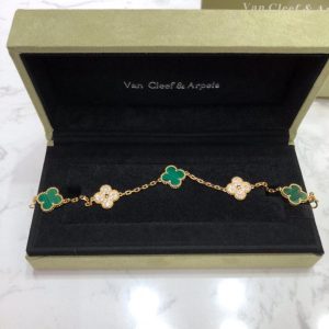 VCA Diamond and Malachite Vintage Alhambra Bracelet in Gol-tone, 5 Motifs