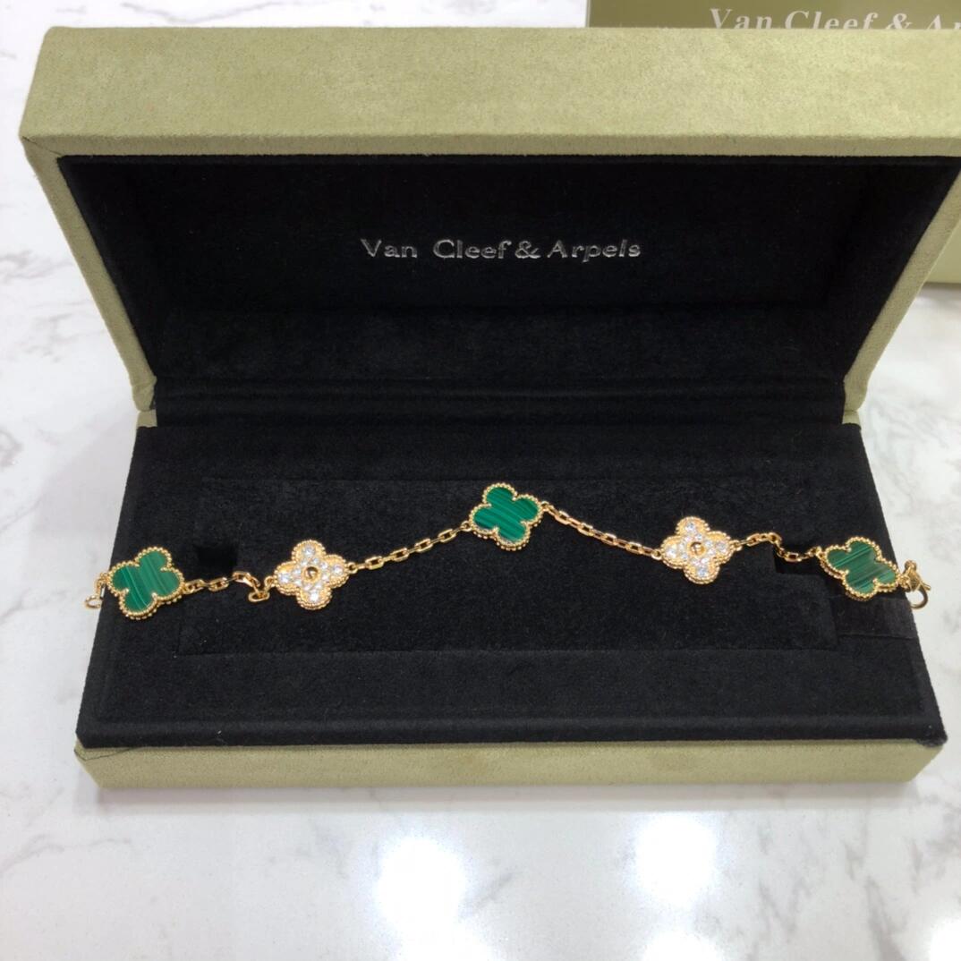 VCA Diamond and Malachite Vintage Alhambra Bracelet in Gol-tone, 5 Motifs