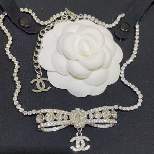 Chanel Rhinestone Strass Bowknot Pendant Necklace