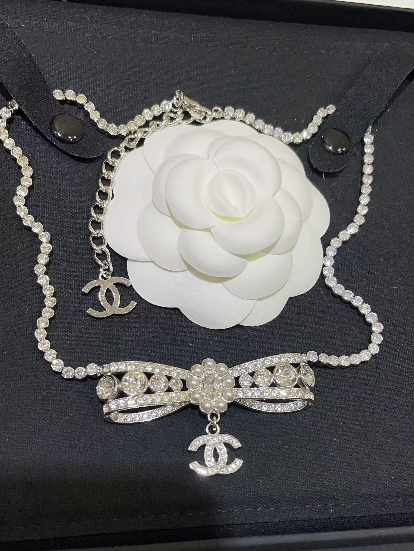 Chanel Rhinestone Strass Bowknot Pendant Necklace
