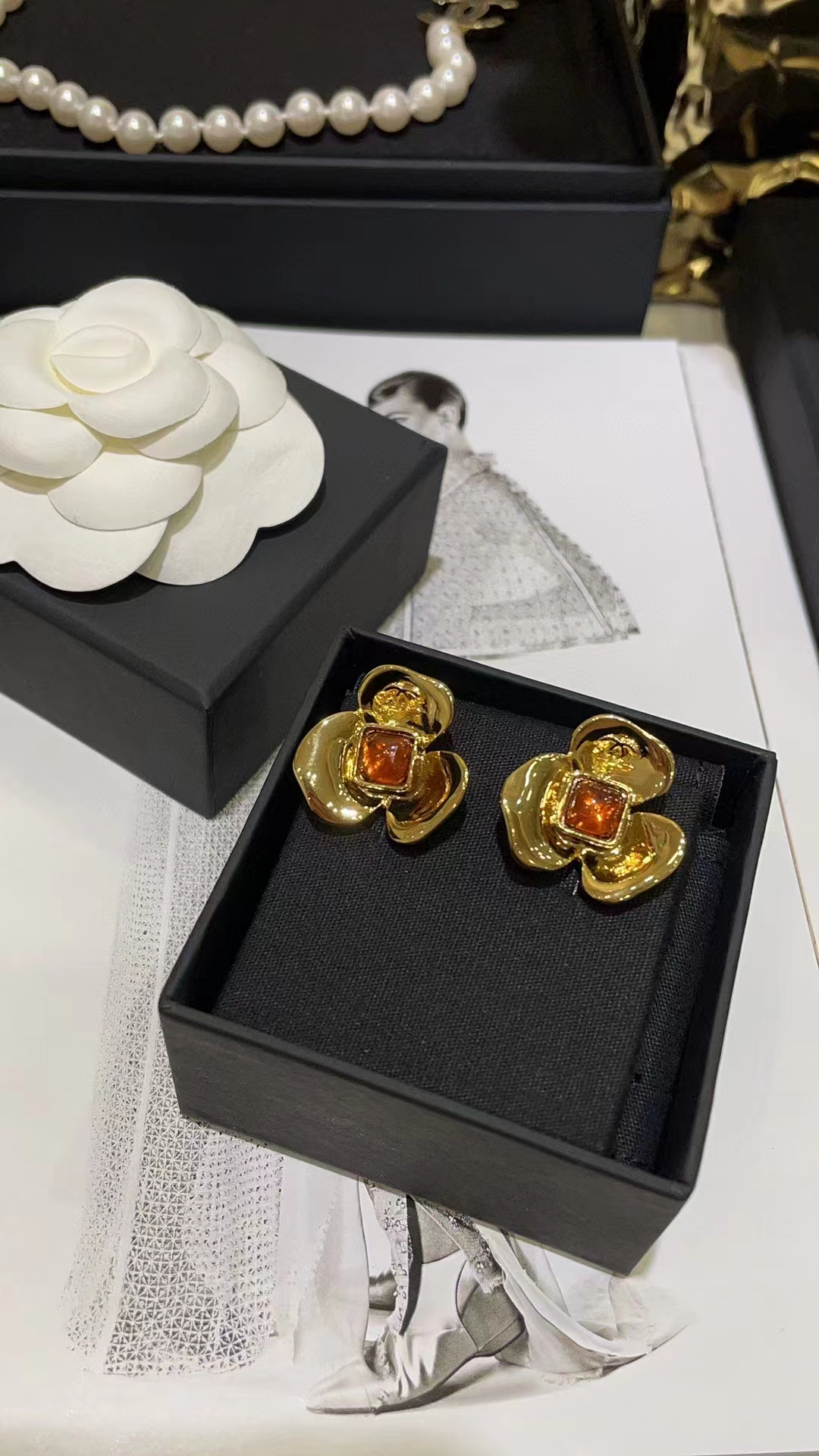 Chanel Gold Camellia Stud Earrings