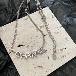 Chanel Unisex Silver Cuban Chain Monogram Necklace