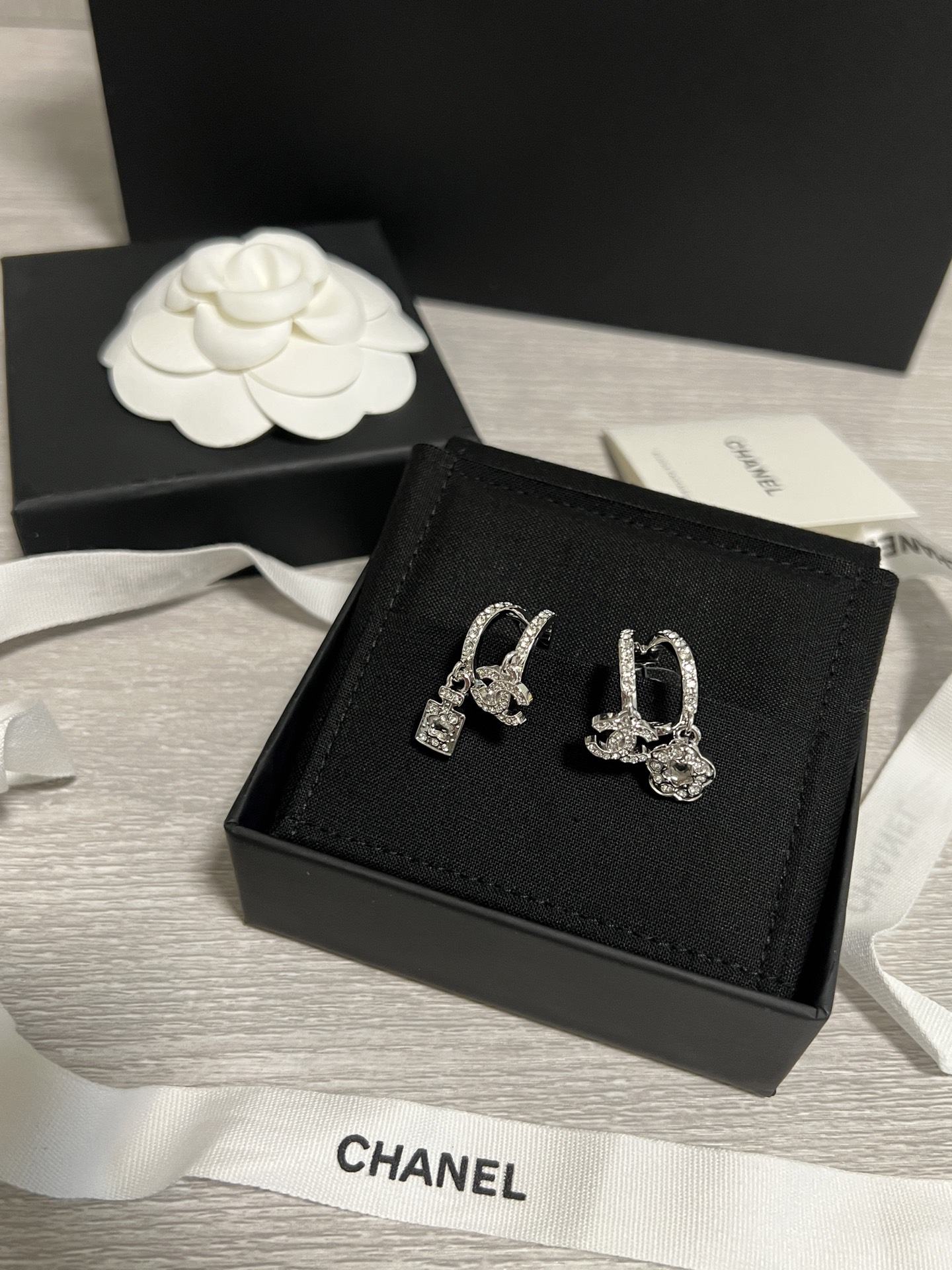 Chanel Asymmetric Silver Earrings with Rhinestone Perfume Bottle Camellia CC Dangle - Image 5