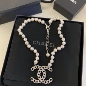 Chanel Hollow Big Double C Pendant Pearl Necklace