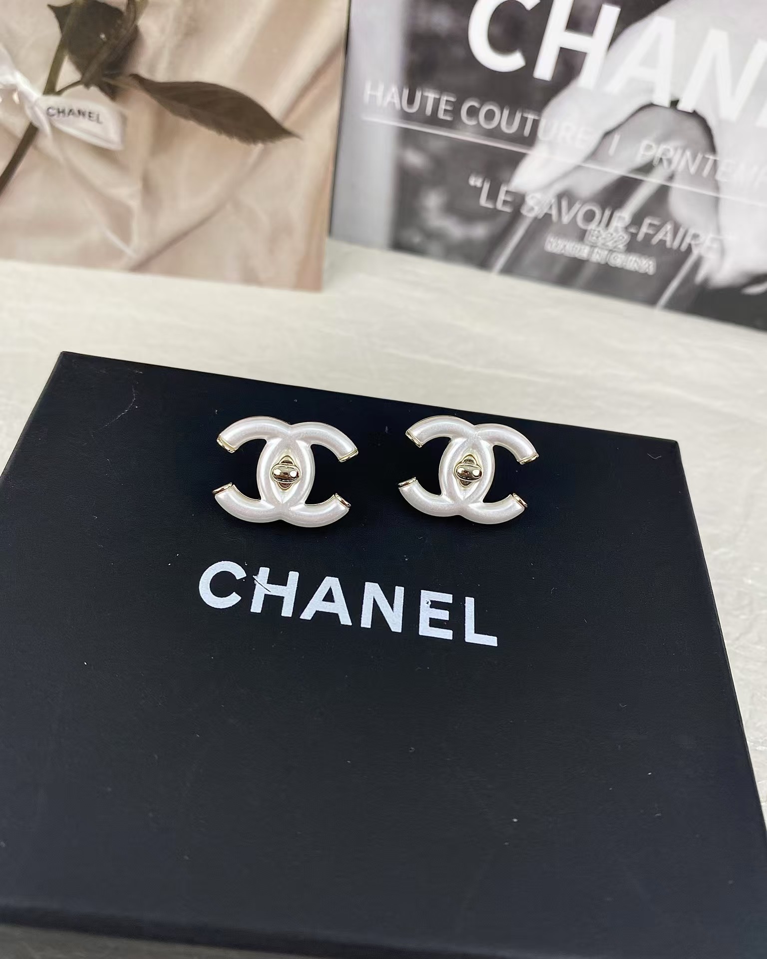 Chanel White Double C Stud Earrings - Image 3