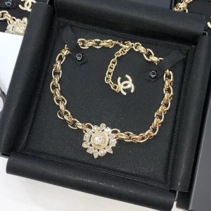 Chanel Thick Cuban Chain Flower Pendant Choker Necklace