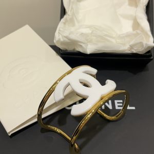 Chanel Funky Personality White CC Gold Cuff Bangle Bracelet