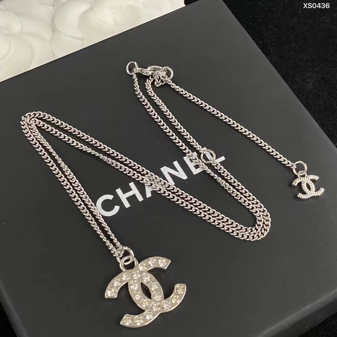 Chanel Classic Silver Double C Pendant Necklace
