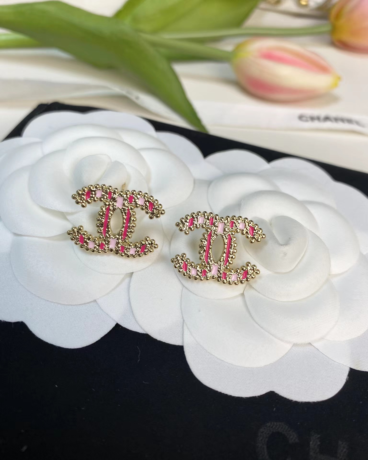 Chanel Enamel Pink Double C Earrings
