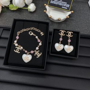 Chanel White Heart Pink Bead Bracelet Earrings