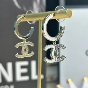 Chanel Half Enamel Half Diamond Double C Earrings