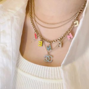 Chanel Multi Layered Light Gold Color Monogram Charms Necklace