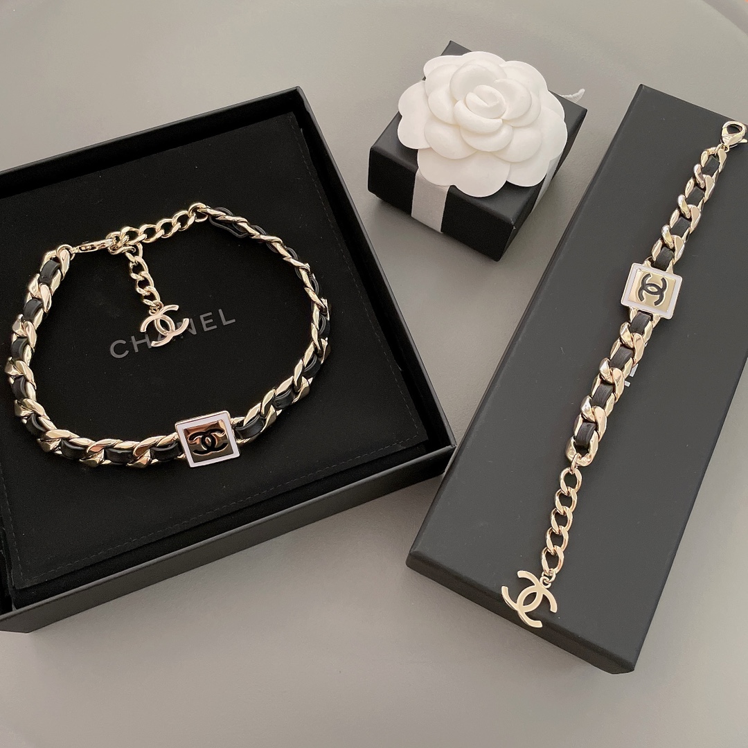 Chanel Leather Gold Chain Bracelet Choker Necklace - Image 3