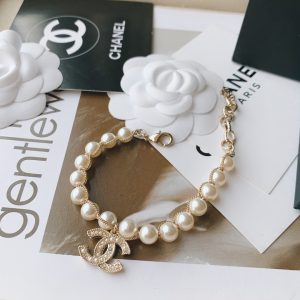 Chanel Light Gold Chain Wrap Pearl Bracelet with CC Charm