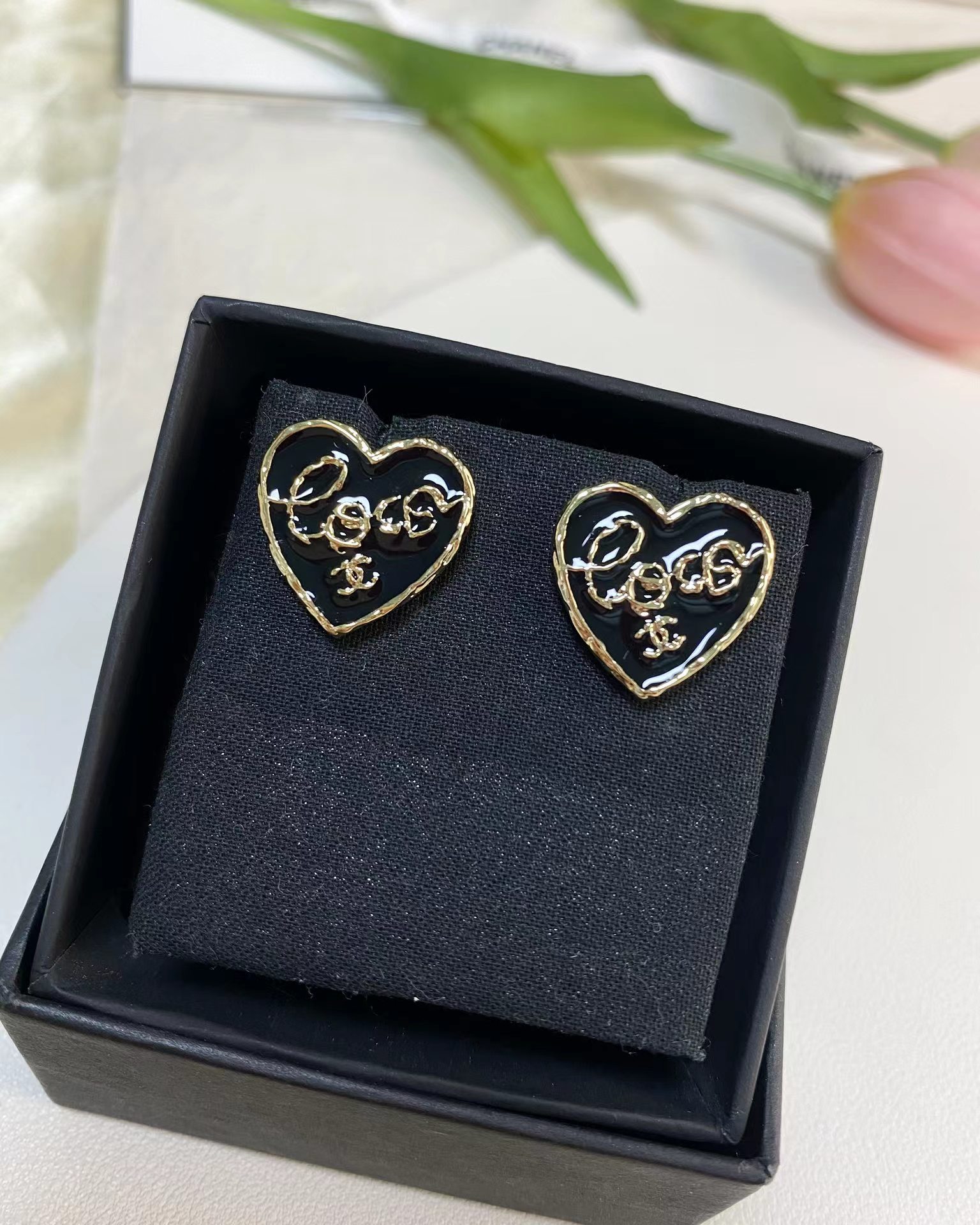 Chanel Black Love Heart Stud Earrings - Image 2