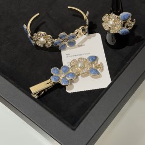 Chanel 26C Blue Denim Flower Diamond Paved Cuff Bangle Bracelet