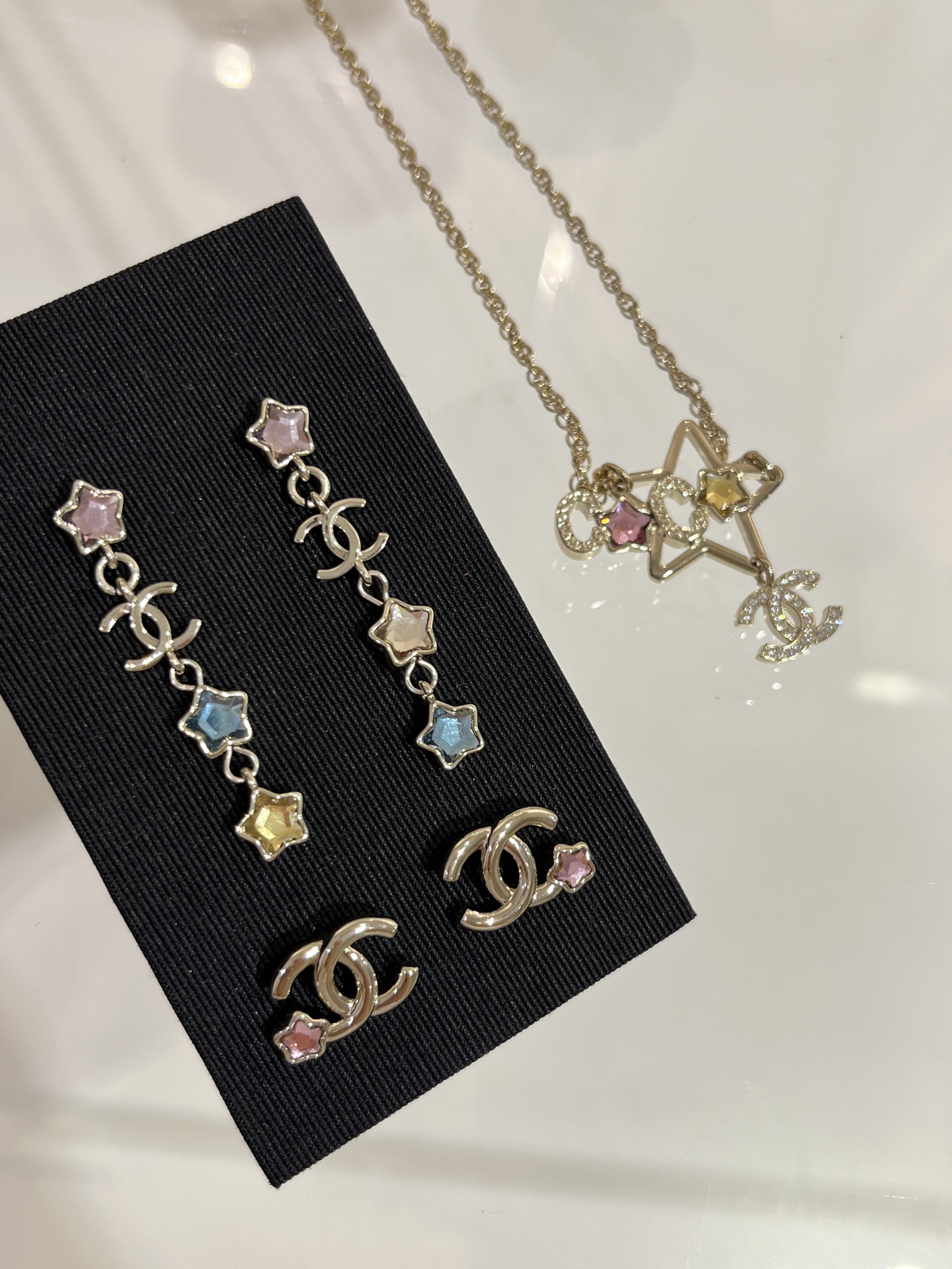Chanel Asymmetric Colorful Crystal Star Tassel Earrings - Image 4