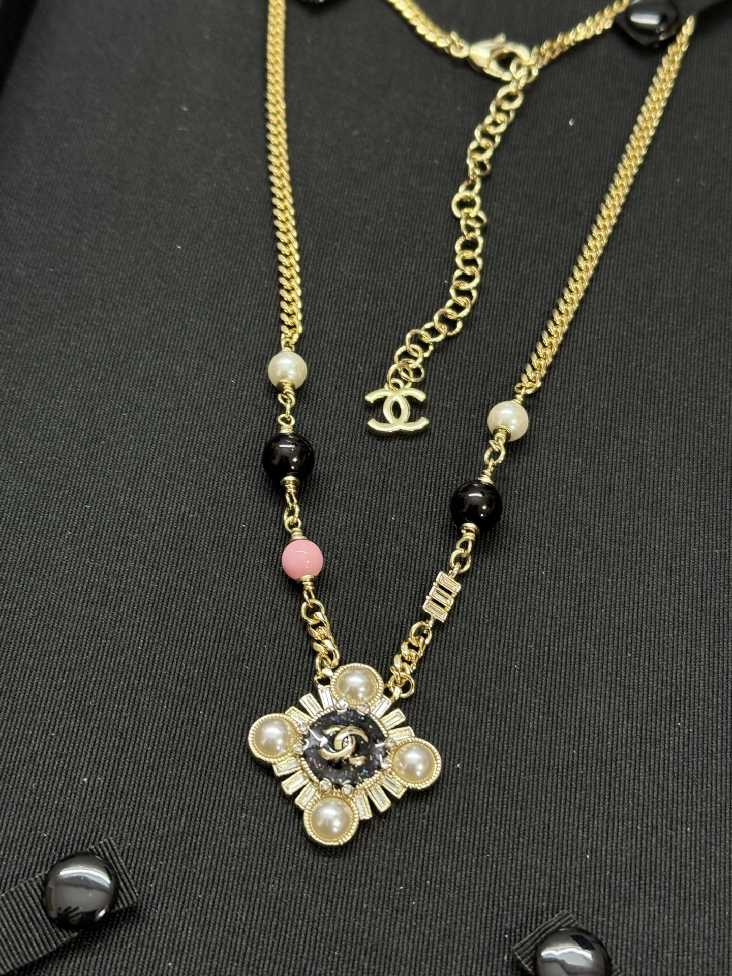 Chanel Pearl Paved Rhombic Pendant Necklace - Image 3