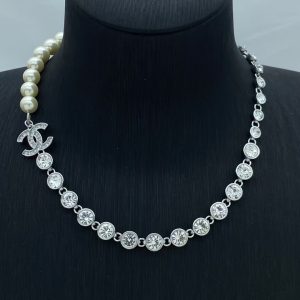 Chanel  Half Diamond Chain and Half Pearl Necklace