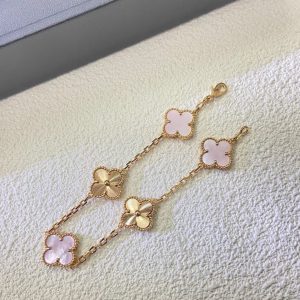 VCA Pink MOP and Gold Guilloche Vintage Alhambra Bracelet 5 Motifs
