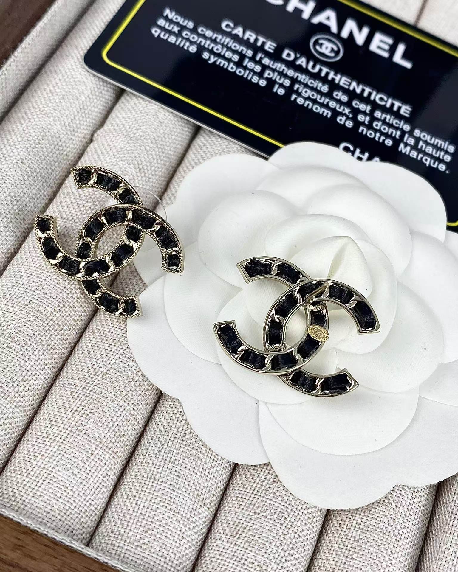 Chanel Light Gold & Black Leather Double C Earrings - Image 2